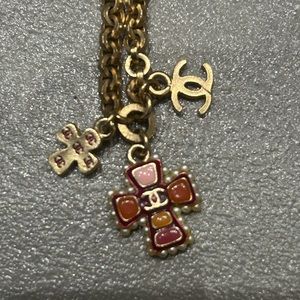 Chanel Gold Plated CC Red Resin Cross Charms Pendant Necklace